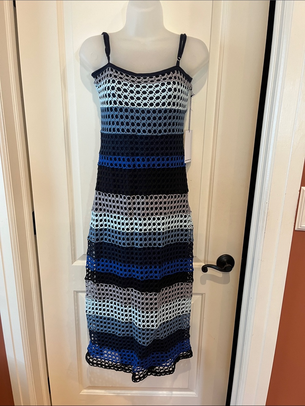 Striped Crochet Knit Midi Dress in Navy, Blue & White